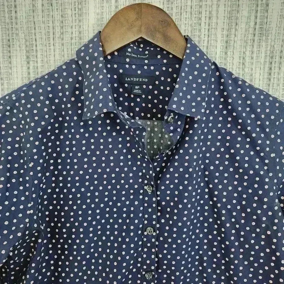 Lands' End Women's Button Up Shirt Polka Dot Size 8P Navy Pink - Picture 6 of 7